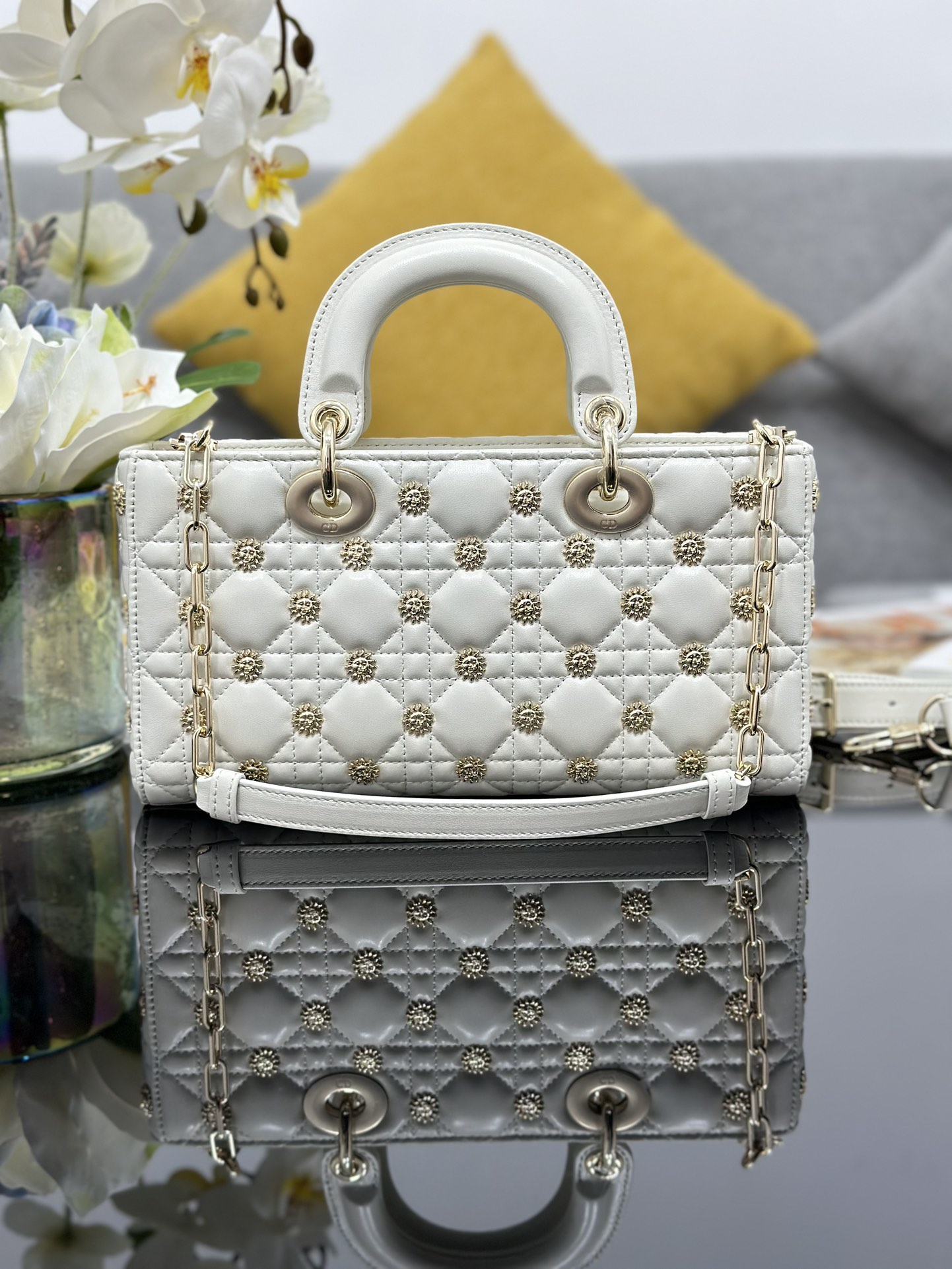 Medium Lady D-Joy Bag White Lambskin with Sun Nail